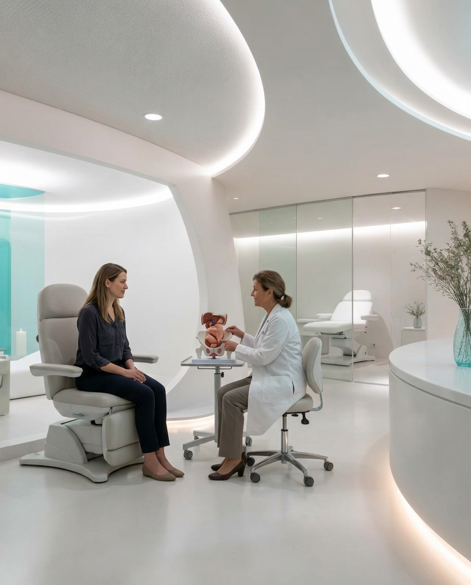 Profesional de la salud orientando a una paciente